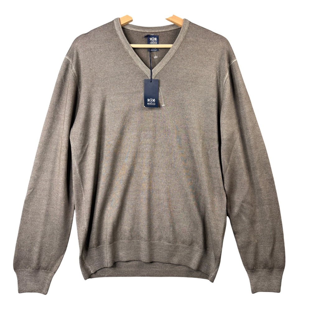 Boggi Milano Mens V-Neck Sweater Size L Brown 100% Virgin Wool Made in Italy NEW